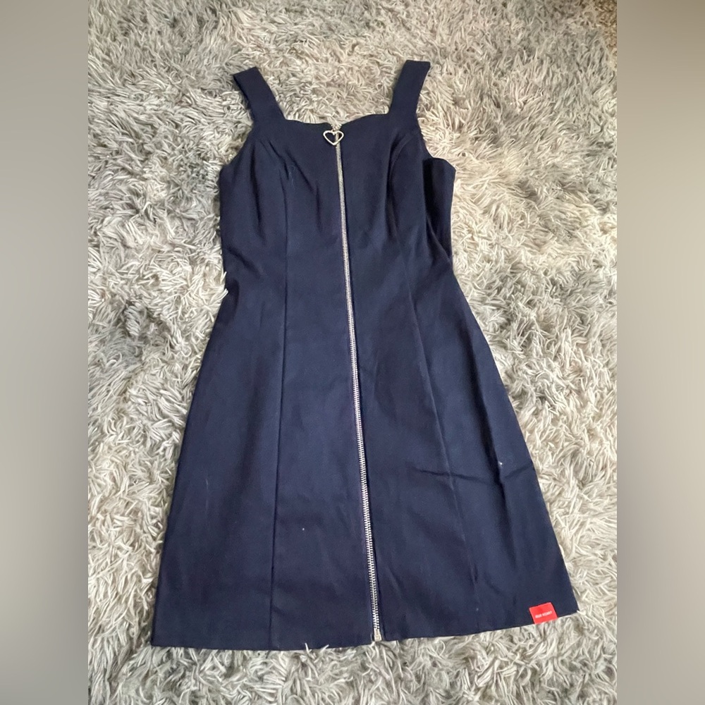Heart Club Mixxmix Navy Blue Sleeveless Mini Dress Zip Front Heart Pull Small